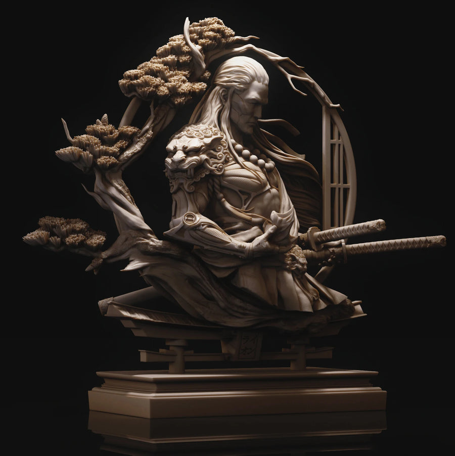White-Haired Samurai Warrior 1/11 Resin Bust with Katana - 1/11 resin model view 3