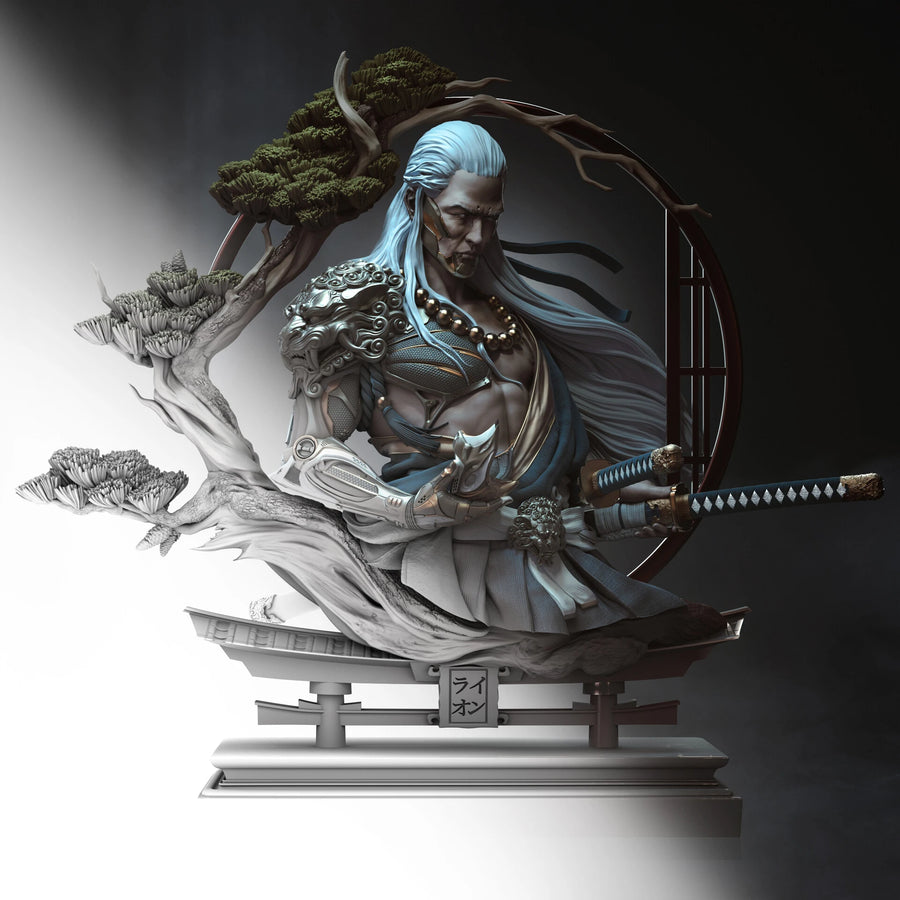 White-Haired Samurai Warrior 1/11 Resin Bust with Katana - 1/11 resin model view 2