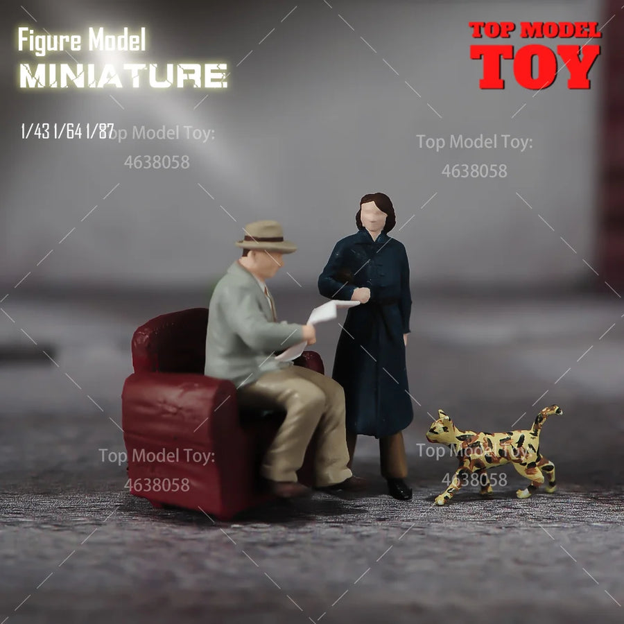 1/87 Scale Seated Man with Standing Woman & Cat Resin Figure Diorama Kit - 1/87 resin model view 3