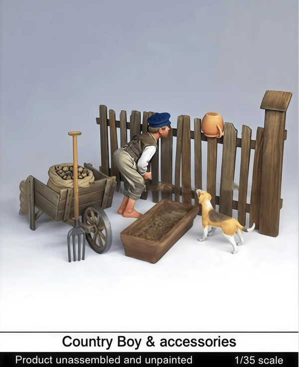 Country Diorama Set with Two Figures, Dog & Fence 1/35 Resin Kit