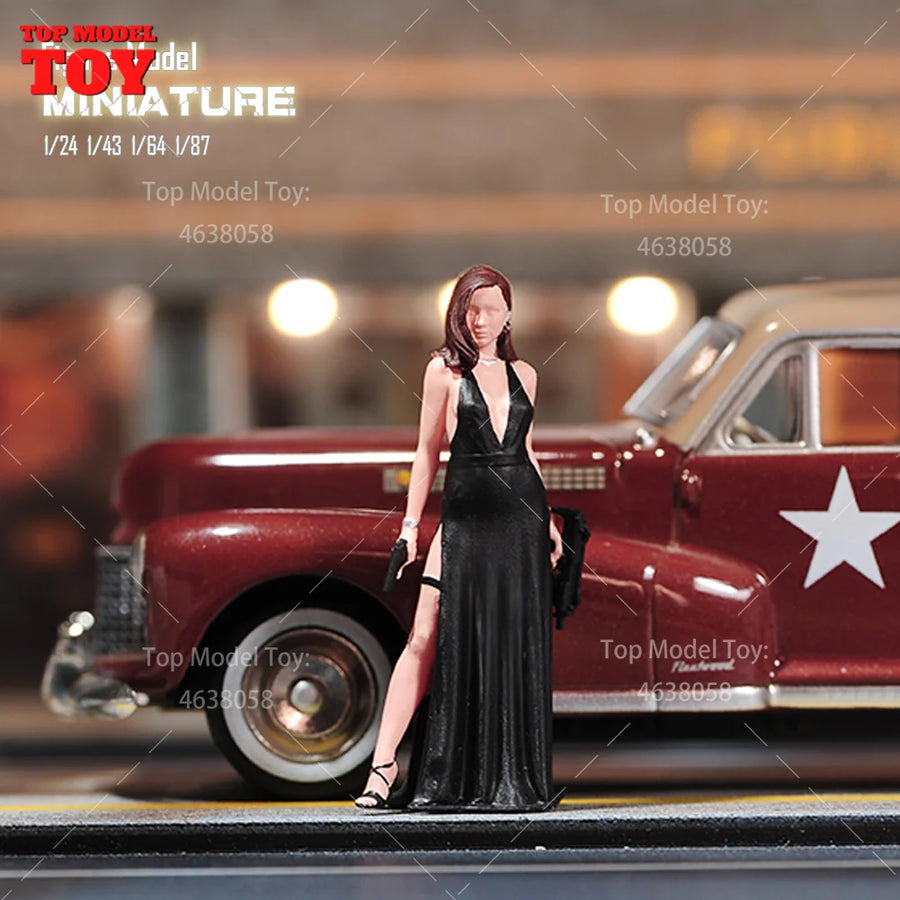 Black Dress Armed Female Figure 1/24 Resin Model Kit with Gun Accessory - 1/24 resin model view 2